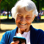 **Elderly woman with brightly lit AMOLED smartphone outdoors.** Focus on her smiling as she easily views a vibrant screen under sunlight, highlighting readability and cheerful engagement. The background should suggest a sunny day at the park or a local market.
