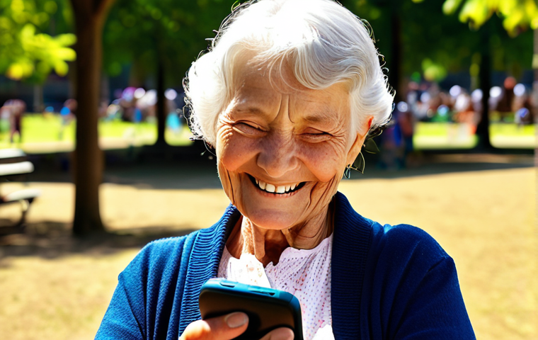 **Elderly woman with brightly lit AMOLED smartphone outdoors.** Focus on her smiling as she easily views a vibrant screen under sunlight, highlighting readability and cheerful engagement. The background should suggest a sunny day at the park or a local market.