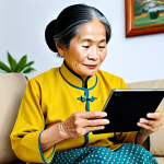 An older Vietnamese woman, her face expressing gentle curiosity and focused attention, is seated comfortably in a cozy, traditionally decorated Vietnamese living room. She holds a modern smartphone or tablet, carefully observing the screen as if learning a new task or watching a cultural program. She is wearing modest, appropriate Vietnamese everyday attire, fully clothed. The setting is bright and inviting, suggesting a peaceful domestic scene. perfect anatomy, correct proportions, natural pose, well-formed hands, proper finger count, natural body proportions, professional photography, high quality, safe for work, appropriate content, family-friendly.