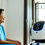 A heartwarming scene featuring an elderly Vietnamese woman, with a gentle smile, in modest, comfortable home attire. She is sitting in a brightly lit, clean living room of a modern Vietnamese house, looking at a friendly, sleek family robot. The robot is gently displaying a health reminder or a light cleaning function, acting as a helpful companion. The image captures a sense of peace and support. professional dress, fully clothed, safe for work, appropriate content, family-friendly, perfect anatomy, correct proportions, natural pose, well-formed hands, proper finger count, natural body proportions, professional photography, high quality, vibrant colors.