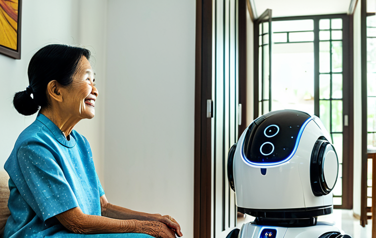 A heartwarming scene featuring an elderly Vietnamese woman, with a gentle smile, in modest, comfortable home attire. She is sitting in a brightly lit, clean living room of a modern Vietnamese house, looking at a friendly, sleek family robot. The robot is gently displaying a health reminder or a light cleaning function, acting as a helpful companion. The image captures a sense of peace and support. professional dress, fully clothed, safe for work, appropriate content, family-friendly, perfect anatomy, correct proportions, natural pose, well-formed hands, proper finger count, natural body proportions, professional photography, high quality, vibrant colors.