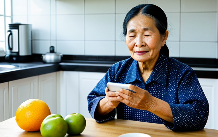 Health Tracking**
"A senior Vietnamese woman, fully clothed in comfortable, traditional Ao Ba Ba, using a modern smartwatch to track her health metrics. She is sitting in her bright, clean kitchen in the Mekong Delta, with fresh fruit on the table. Safe for work, appropriate content, fully clothed, professional, perfect anatomy, natural proportions, well-formed hands, modest clothing, family-friendly, high quality."
**
