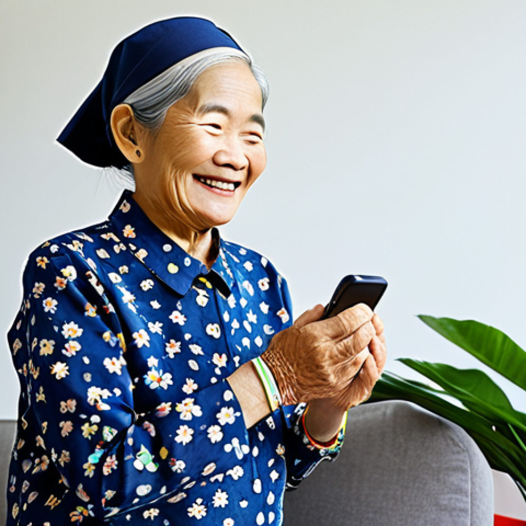 **Image Prompt:** A fully clothed, smiling elderly Vietnamese woman wearing a modest floral print blouse, using a smartwatch to check her heart rate in her bright, cheerful living room filled with plants. Safe for work, appropriate content, professional photography, perfect anatomy, natural proportions, family-friendly, well-formed hands, proper finger count.