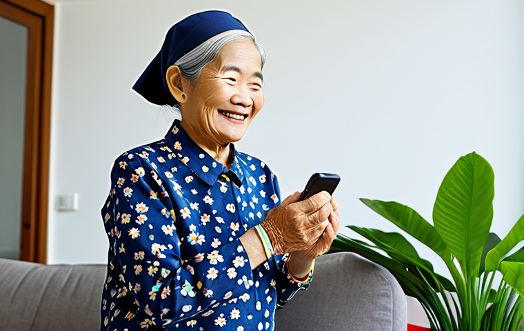 **Image Prompt:** A fully clothed, smiling elderly Vietnamese woman wearing a modest floral print blouse, using a smartwatch to check her heart rate in her bright, cheerful living room filled with plants. Safe for work, appropriate content, professional photography, perfect anatomy, natural proportions, family-friendly, well-formed hands, proper finger count.