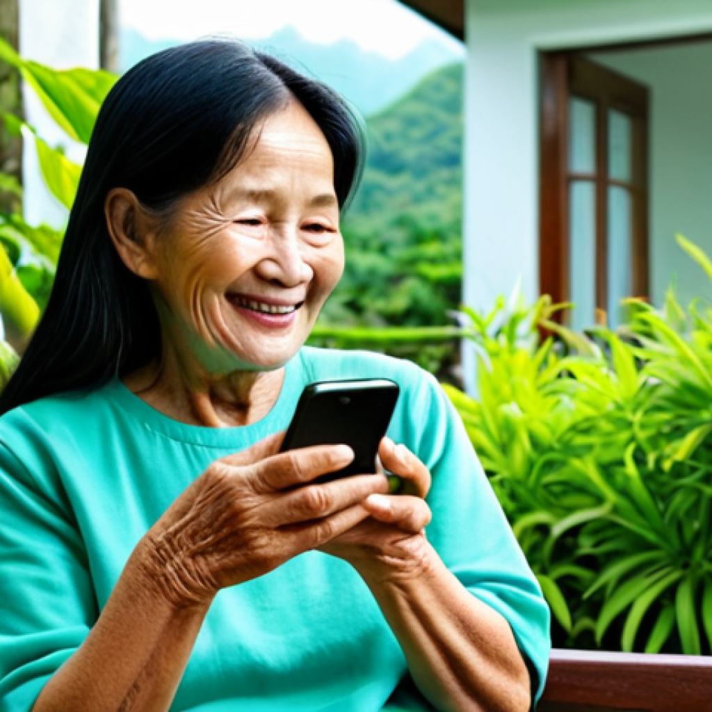 시니어를 위한 정보 기술 활용법 - Senior Woman Using a Smartphone**
"A smiling senior Vietnamese woman in comfortable, modest clothin...