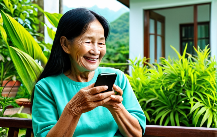 시니어를 위한 정보 기술 활용법 - Senior Woman Using a Smartphone**
"A smiling senior Vietnamese woman in comfortable, modest clothin...