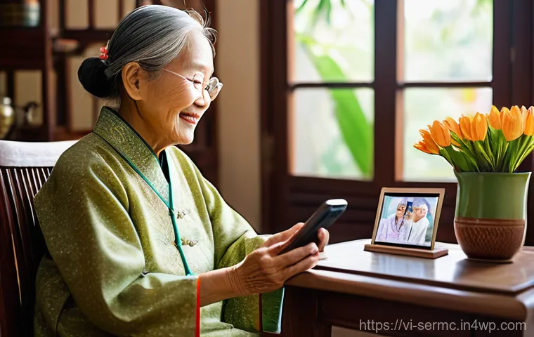시니어를 위한 비디오 통화 서비스 비교 - "A heartwarming scene inside a cozy, traditional Vietnamese living room. An elderly Vietnamese grand...