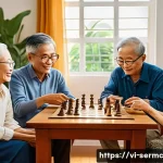 Home 20 시니어를 위한 게임과 오락 기술 - A warm and inviting scene of elderly Vietnamese people gathered around a table playing a traditional...