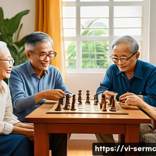 Home 32 시니어를 위한 게임과 오락 기술 - A warm and inviting scene of elderly Vietnamese people gathered around a table playing a traditional...
