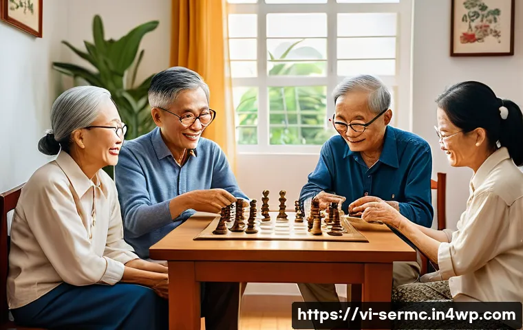 시니어를 위한 게임과 오락 기술 - A warm and inviting scene of elderly Vietnamese people gathered around a table playing a traditional...