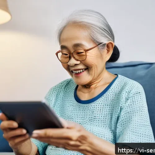 Home 31 시니어를 위한 가상 상호작용 경험 - An elderly Vietnamese woman wearing casual clothing and a smartwatch, sitting comfortably in a brigh...