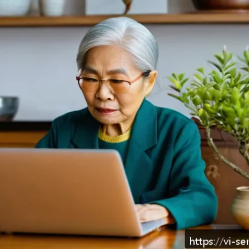 Home 30 시니어를 위한 인터넷 안전 가이드 - A Vietnamese elderly woman sitting at a wooden table in a cozy living room, carefully examining a su...