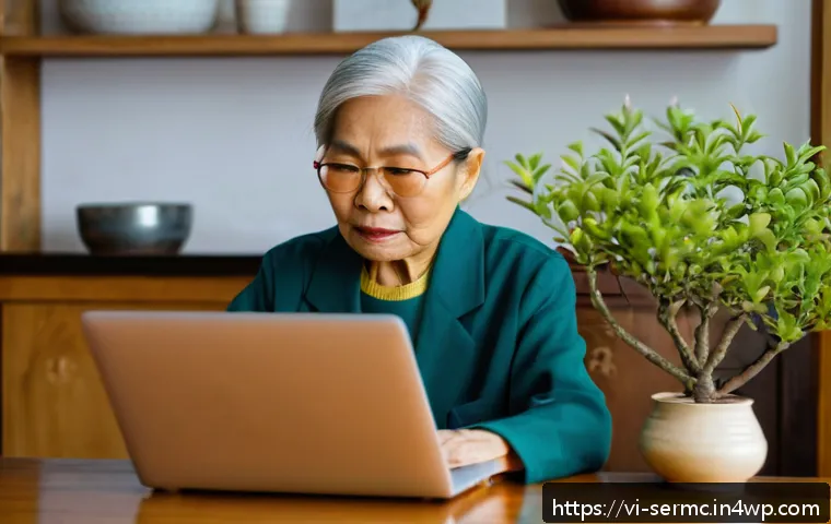 시니어를 위한 인터넷 안전 가이드 - A Vietnamese elderly woman sitting at a wooden table in a cozy living room, carefully examining a su...