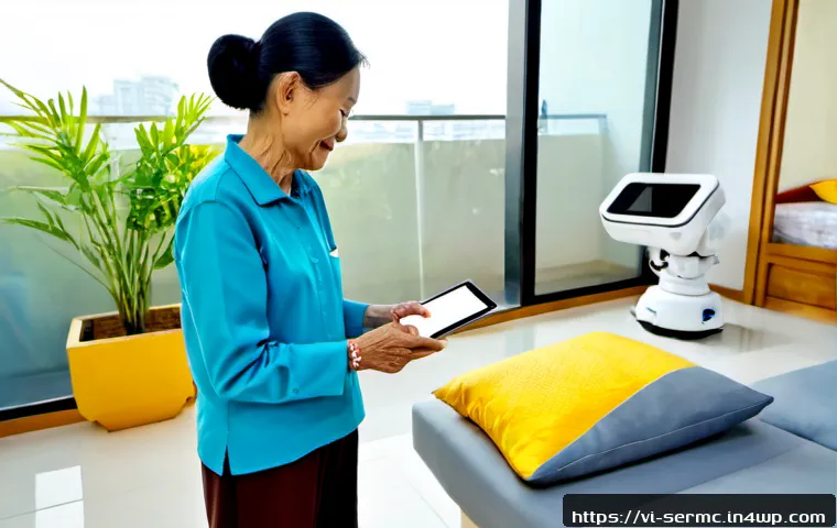 Home 17 시니어 테크 서비스의 미래 전망 - Photorealistic Vietnamese elderly woman in a bright modern apartment in Hanoi, comfortably wearing m...