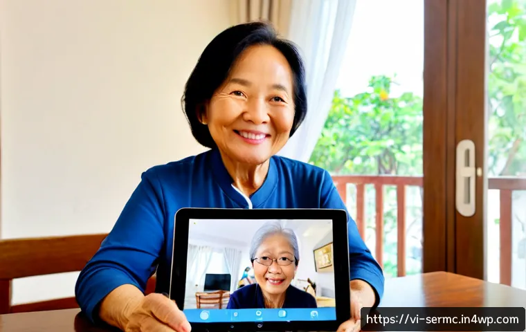 Home 17 시니어의 기술적 외로움 극복하기 - Photorealistic Vietnamese grandmother in a bright, tidy apartment in Hanoi, smiling warmly during a ...