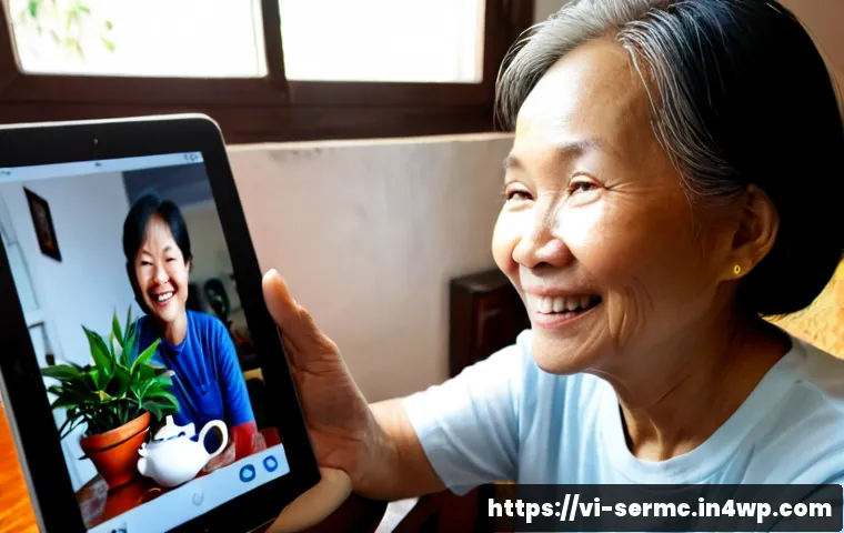 Home 30 시니어를 위한 가족과의 디지털 연결 - Photorealistic Vietnamese grandmother in her late 60s seated comfortably in a sunlit Hanoi apartment...