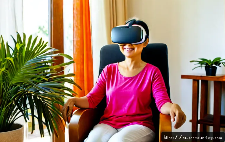 Home 17 시니어를 위한 가상 현실 경험 소개 - Photorealistic Vietnamese senior woman in a bright, tidy living room, comfortably seated in an armch...