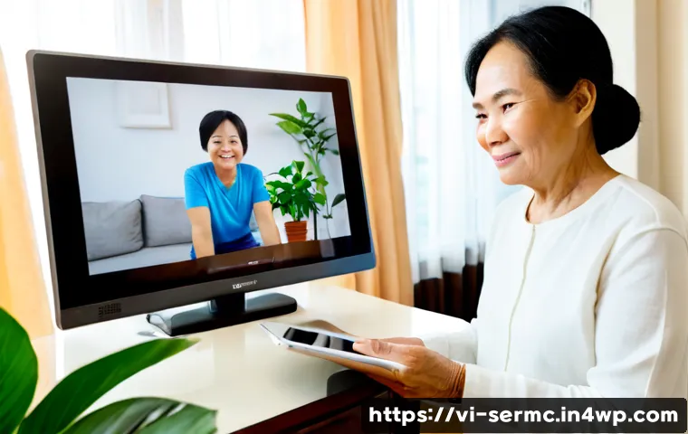 Home 17 시니어를 위한 웰빙 기술 소개 - Photorealistic Vietnamese senior woman in a bright, tidy apartment using a simple tablet for a video...